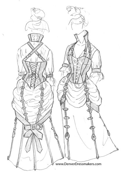 Denver Dressmakers' sketch for a client of a steampunk bustle dress with a leather & brocade corset…