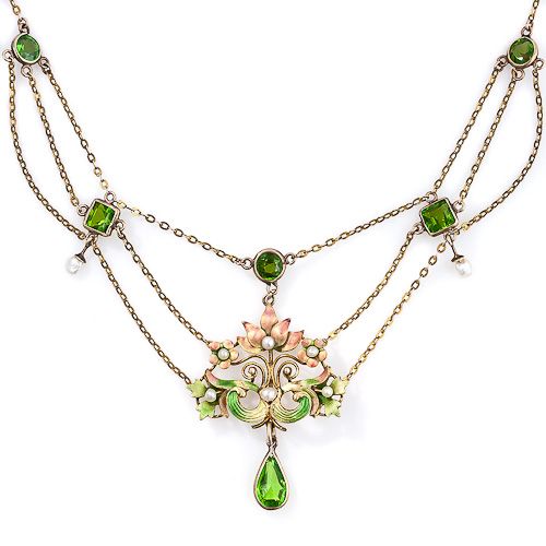 Delicate and beautiful art nouveau peridot-like enamel and pearl necklace, circa 1900.