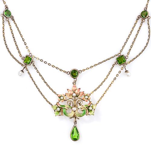 Delicate and beautiful art nouveau peridot-like enamel and pearl necklace, circa 1900.