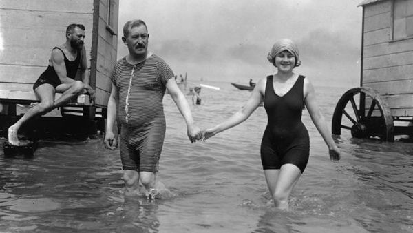 Circa 1911: Bathers at Ostend in Belgium. (F J Mortimer/Getty Images)