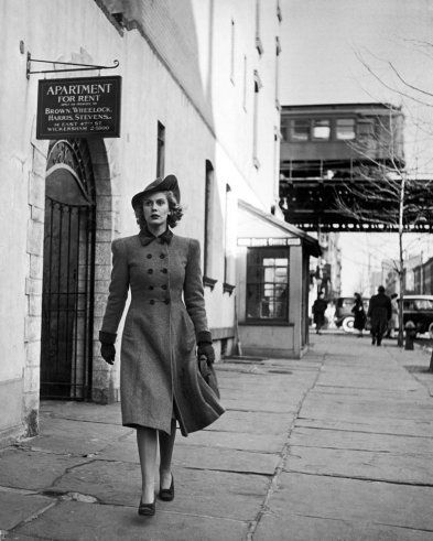 Model Carol Lorell walks down 3rd Avenue in the East 60s, Manhattan, January 1940.    what a lovely…