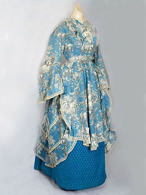 French toile bustle gown with quilted silk petticoat, c.1875.