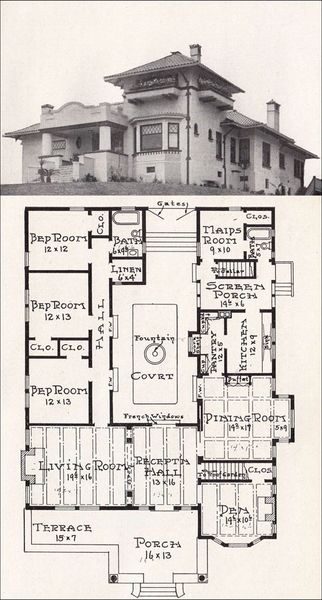 Vintage house plan | 1918 Representative California Homes by E. W. Stillwell. This one has a founta…