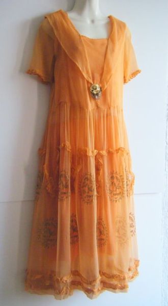 1920s Peach dream crepe silk and metal filigree dress with matching underdress.