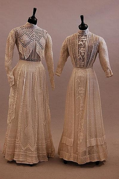 Two lawn and cotton summer gowns adorned with cut work, white work, lace, and embroidery, circa 190…