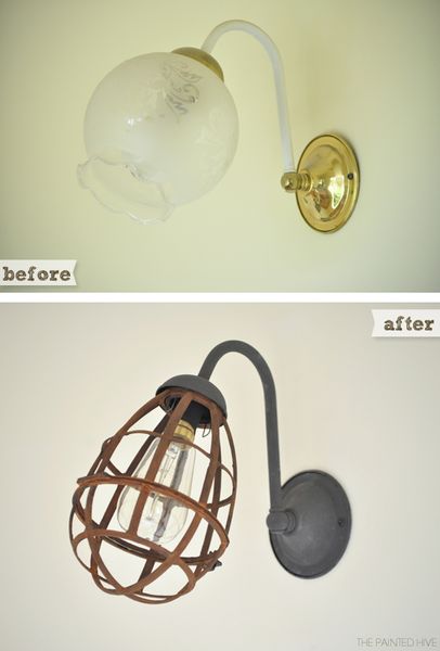 Industrial make-over with a plastic bulb cage. (yes, that's plastic! Amazing!)