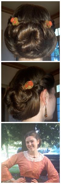 Sock bun- 1860's style!! Leave some hair out of the bun underneath to "swoop" up to either side of …