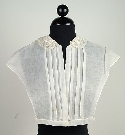 Chemisette, American, ca. 1860. Linen with tucked front, no closures noted, on a band. Shown with w…