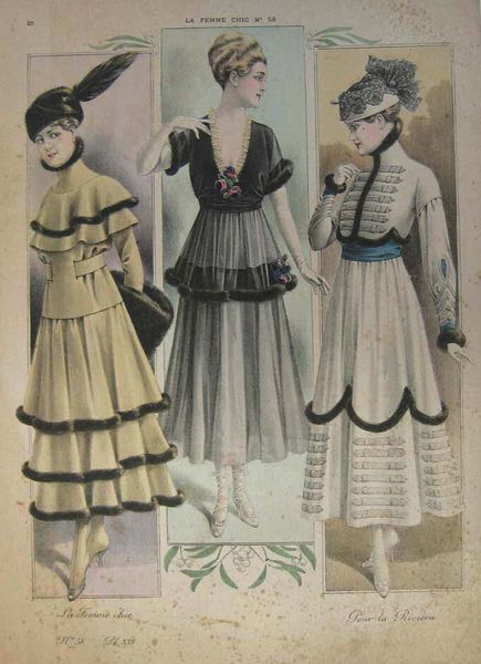 **Fashion illustration from La Femme Chic--from c. 1915–16 still feature raised waists, but skirt…