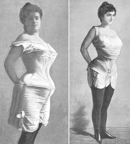 1900 Illustration depicting the "new" S curve edwardian corset (on the right)