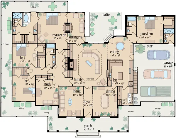 Country Style House Plans - 3388 Square Foot Home , 1 Story, 4 Bedroom and 4 Bath, 3 Garage Stalls …