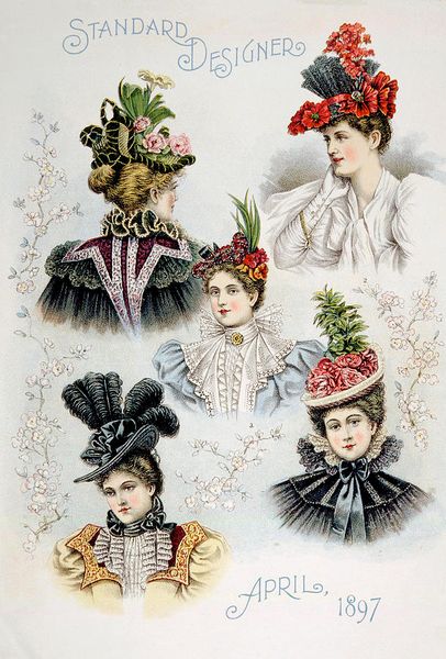 Beautiful and varied hat designs for women, during the Gilded Age! "Standard Designer" April, c.189…