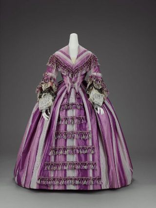 Woman's dress in two parts American, about 1856–58 Silk plain weave ( taffeta), trimmed with silk…