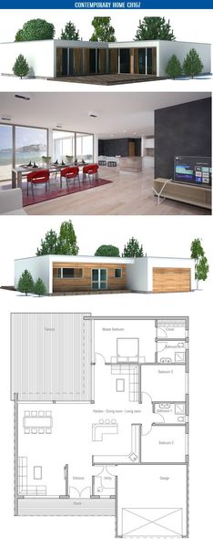 Contemporary Home Plan with three bedrooms, big windows and abundance of natural light. Floor area:…