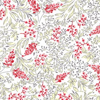 L-47, Berries & Blossoms, Rosy Red Floral Design on White Lawn, 56" Wide, Cotton