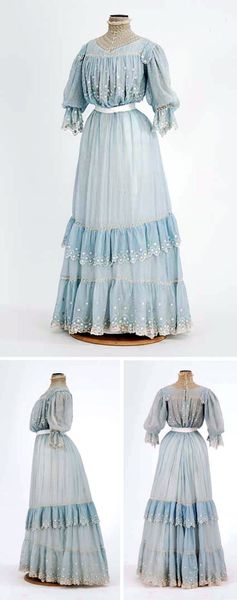 Blue lawn summer dress trimmed with pintucks, embroidery, & lace. Lined in white china silk. Bodice…