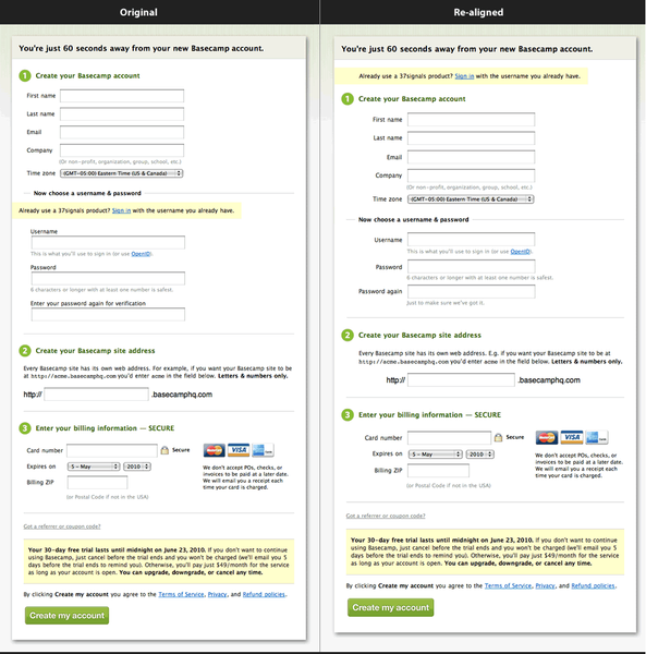 Amrinder Sandhu, Realigning the Basecamp Sign Up Form