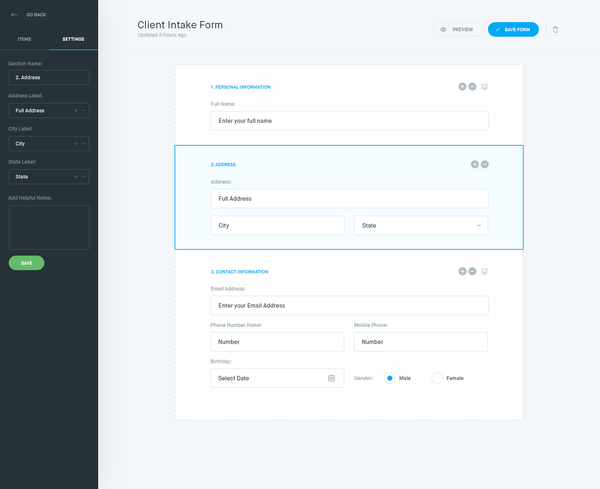 Client intake form